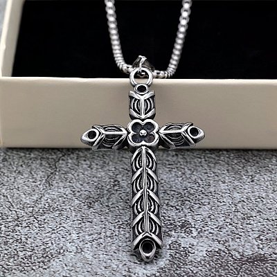 Vintage 304 Stainless Steel Double-Sided Viking Flower Cross Pendant Necklaces for Men Women WGAAC2B-01-1