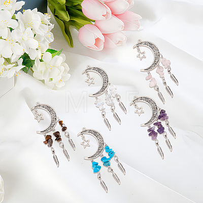 10Pcs 5 Styles Opalite & Synthetic Turquoise & Natural Amethyst & Tiger Eye & Rose Quartz Chip and Alloy Hollow Moon Big Pendants FIND-BM0001-84-1
