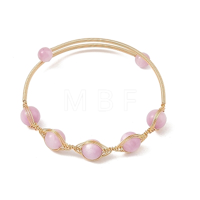 Natural Kunzite Horse Eye Herringbone Wire-Wrapped Open Cuff Bangles BJEW-JB14460-1