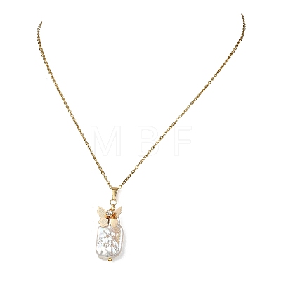 Natural Boraque Keshi Pearl Rectangle and Brass Crystal Rhinestone Butterfly Pendant 304 Stainless Steel Cable Chain Necklaces for Women NJEW-JN06192-1