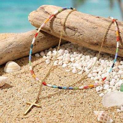Bohemian 304 Stainless Steel Cross Pendant Rainbow Color Round Glass Seed Beaded Double Layer Necklaces for Women MU6538-2-1
