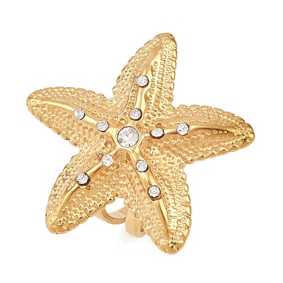 304 Stainless Steel Rhinestone Cuff Rings for Women RJEW-P174-02G-1
