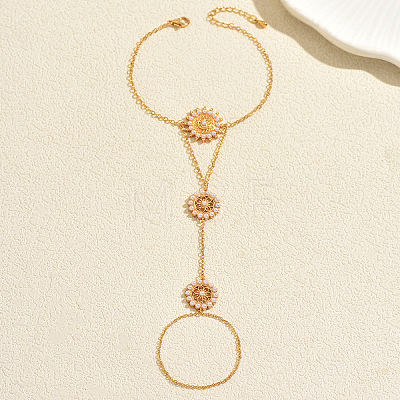 Elegant Imitation Pearl Sunflower Brass Hand Chain Ring Bracelets for Women ZN9544-1