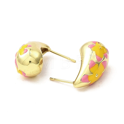 Teardrop with Flower Real 18K Gold Plated Brass Enamel Stud Earrings EJEW-L270-013G-03-1