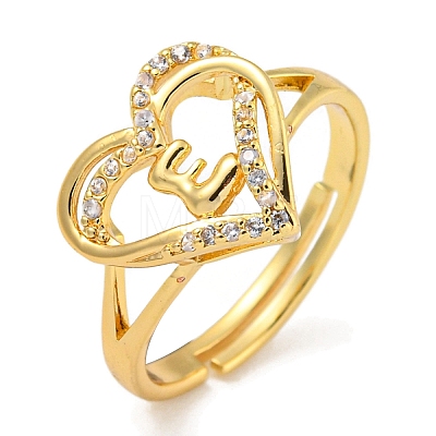 Heart with Letter Rack Plating Brass Micro Pave Clear Cubic Zirconia Adjustable Rings for Women RJEW-I105-01G-E-1