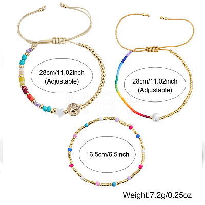 3Pcs 3 Styles Adjustable Natural Gemstone Beads & Glass Seed Beads & Brass Braided Bead Bracelets & Glass Seed Beads Stretch Bracelets Set for Wmen ZT3403-1