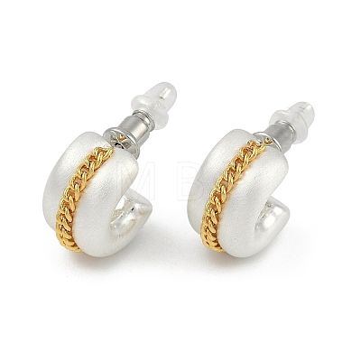 Brass C-Shaped with Chain Charm Stud Earrings EJEW-Q391-02S-1