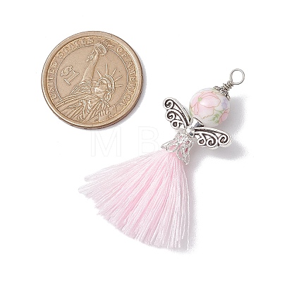 Porcelain Beaded with Polycotton Tassel Big Pendants PALLOY-JF02986-03-1