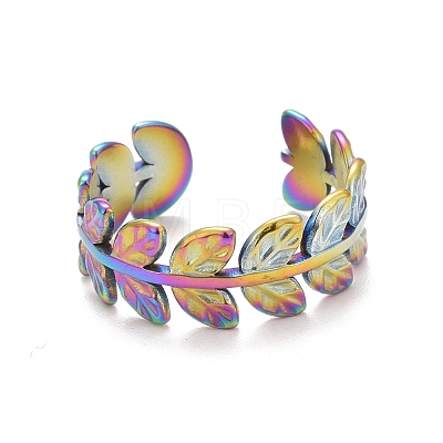Ion Plating(IP) Rainbow Color 304 Stainless Steel Leaf Wrap Open Cuff Ring for Women RJEW-C025-16M-1