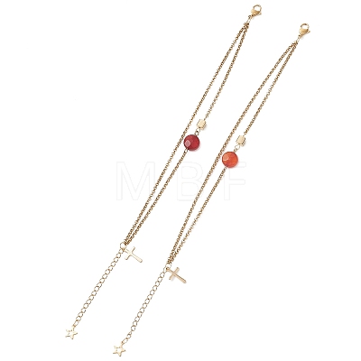 Natural Red Agate Faceted Flat Round with Brass Cube Link Bracelets BJEW-JB13481-1