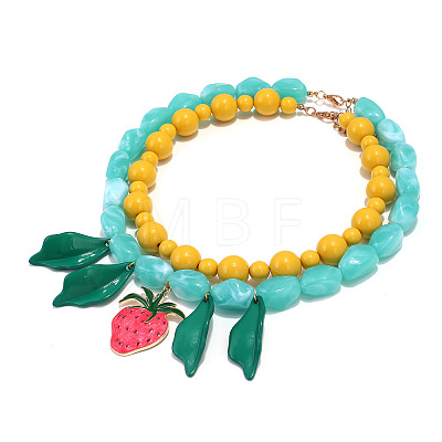 Alloy Enamel Resin Strawberry Leaf Pendant Double Layer Necklaces for Women WG96260-01-1