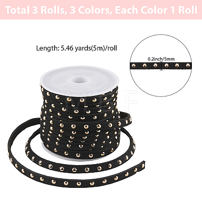 3 Rolls 3 Colors Flat Faux Suede Cord with Alloy Rivets LW-CL0001-08A-1
