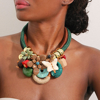 Flower Butterfly Ring Acrylic & Wood Pendant 2-Strand Cotton Cord Bib Necklaces for Women FS-WG99BBE-02-1