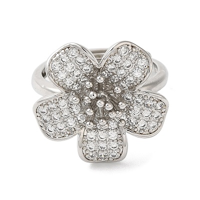 Rack Plating Flower Brass Micro Pave Clear Cubic Zirconia Adjustable Rings RJEW-S413-01P-1