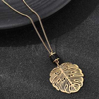 304 Stainless Steel with Disc Glass Leaf Pendant Necklaces NJEW-G184-02G-1