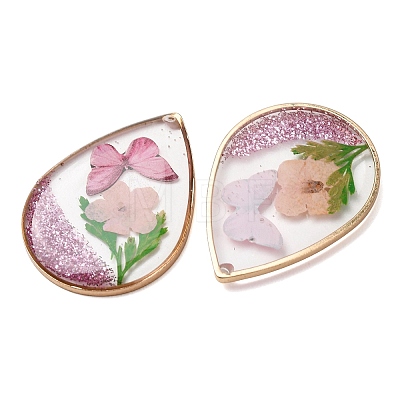 Brass & Transparent Epoxy Resin & Dried Flower Pendants RESI-G133-05G-03-1