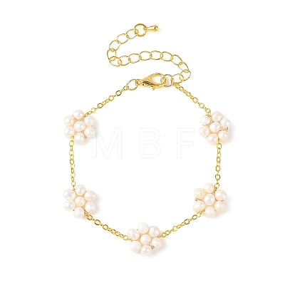 Natural Cultured Freshwater Pearl Beaded Flower Link Chain Bracelets BJEW-JB14325-1