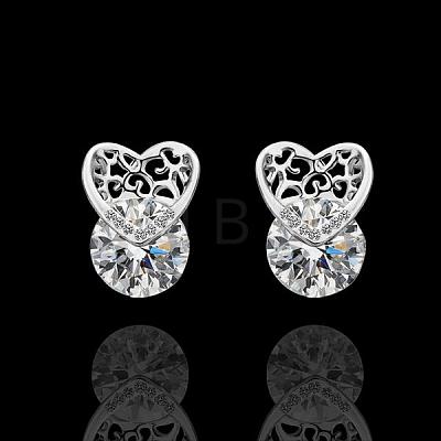 Heart Real Platinum Plated Eco-Friendly Tin Alloy Cubic Zirconia Stud Earrings EJEW-BB13459-1