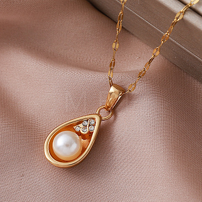 Vintage 304 Stainless Steel & Imitation Pearl Teardrop Pendant Necklaces for Women BR9499-1