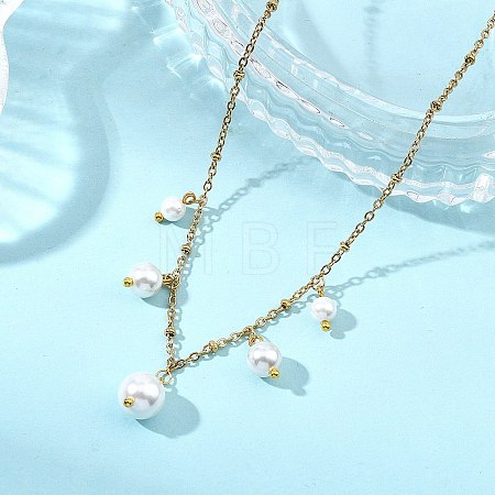 White Round Shell Pearl Pendant 304 Stainless Steel Satellite Chain Necklaces for Women NJEW-JN06100-1