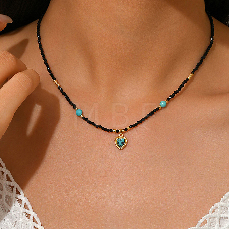 Vintage Stainless Steel Pave Synthetic Turquoise Heart Pendant Glass Faceted Round Beaded Necklaces for Women UN1640-1