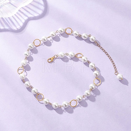 Round Shell Pearl with Brass Link Chain Necklaces for Women NJEW-JN05631-1
