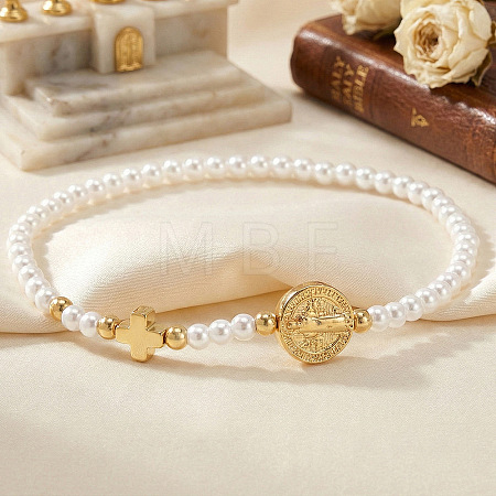 Adjustable White Round Imitation Pearl and Brass Cross Saint Benedict Beaded Bracelets MA5671-1