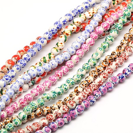 Handmade Flower Printed Porcelain Ceramic Beads Strands PORC-M005-6mm-M-1