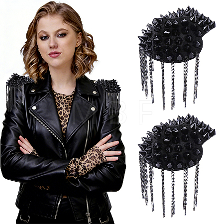 2Pcs Felt & CCB Plastic & Alloy & Iron Curb Chain Tassel Rivet Epaulettes AJEW-WR0003-79-1