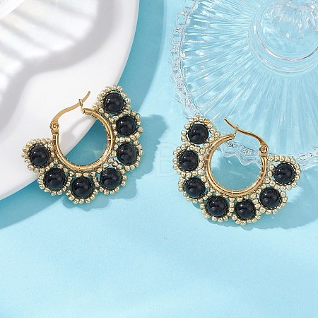Shell Pearl & Synthetic Green Turquoise & Natural Black Onyx Flower Hoop Earrings EJEW-MZ00662-03-1
