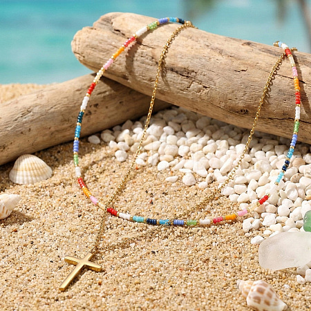 Bohemian 304 Stainless Steel Cross Pendant Rainbow Color Round Glass Seed Beaded Double Layer Necklaces for Women MU6538-2-1