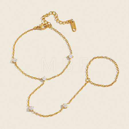 304 Stainless Steel Pave Clear Cubic Zirconia Hand Chain Ring Bracelets for Women LU5720-1