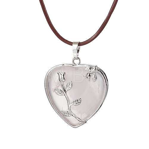 Natural Rose Quartz Heart Pendant Necklace with Cowhide Leather Cords NJEW-JN04598-02-1