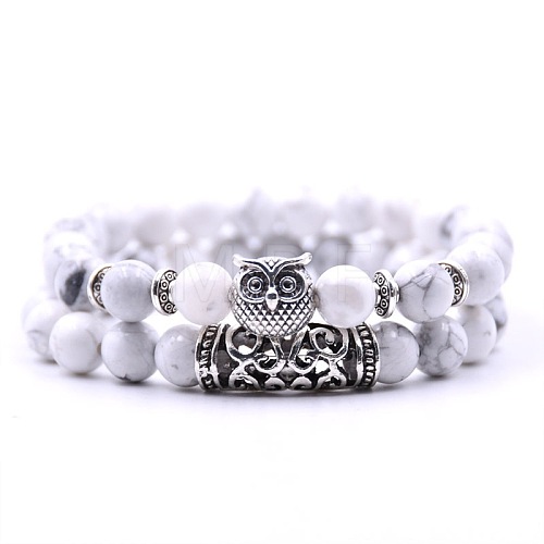 2Pcs 2 Style Natural Howlite Stretch Bracelets Set with Alloy Owl Beaded ANIM-PW0003-027A-1