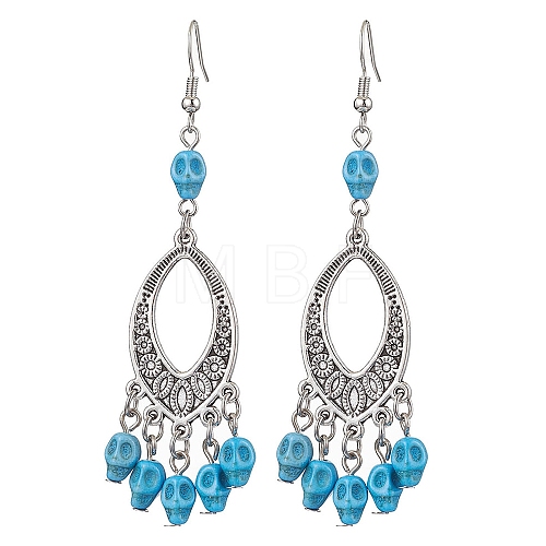 Halloween Skull Dyed Synthetic Turquoise & Alloy Dangle Earrings EJEW-JE05890-05-1