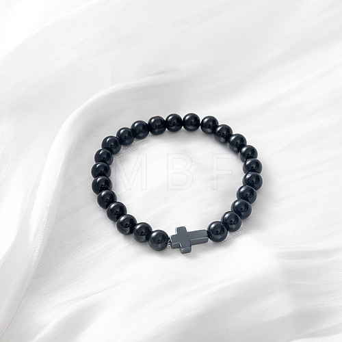 Natural Obsidian & Cross Stretch Bracelet TO4713-2-1