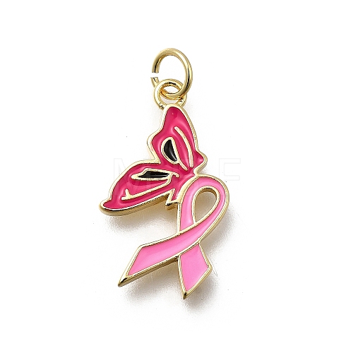 October Breast Cancer Pink Awareness Ribbon Brass Enamel Pendants KK-G525-10G-03-1