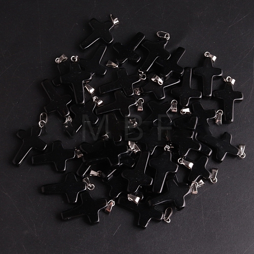 Natural Black Stone Pendants G-PW0006-02P-09-1