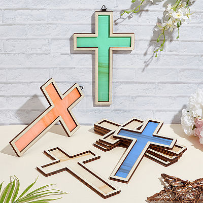 Wooden Double Layer Cross Wall Pendant Decorations HJEW-WH0036-75-1
