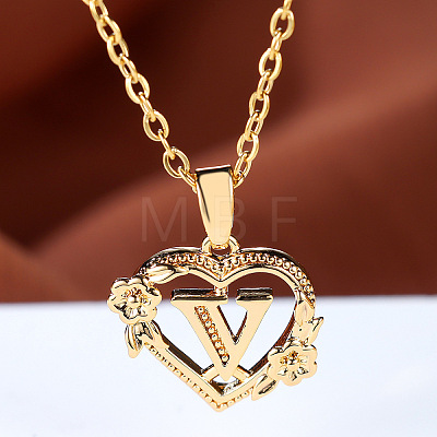 Brass Rose Flower Heart with Letter Pendant Cable Chain Necklaces FS-WG42461-22-1