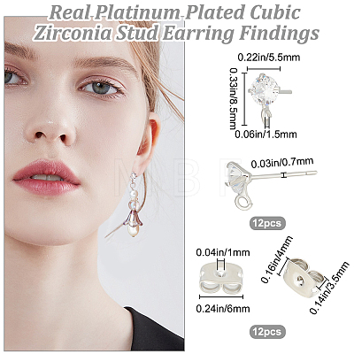 Beebeecraft 12Pcs Diamond Shape Brass Micro Clear Cubic Zirconia Stud Earring Findings KK-BBC0012-75-1
