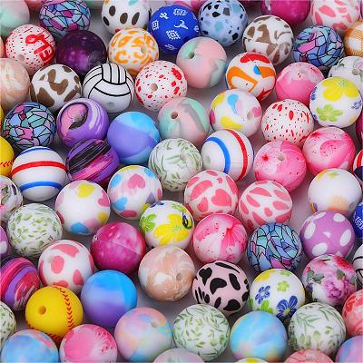 Printed Round with Flower Pattern Silicone Focal Beads SI-JX0056A-113-1