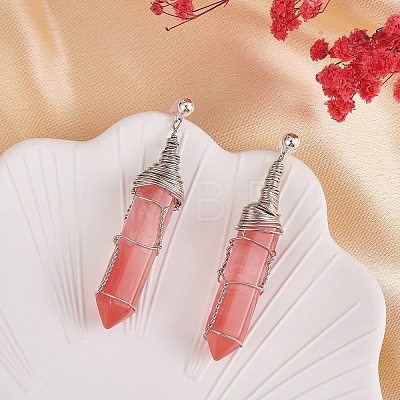 Cherry Quartz Glass Double Point Bullet Dangle Stud Earrings EJEW-PH01406-01-1