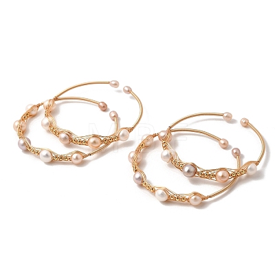Brass Wire Wrapped Natural Pearl Cuff Bangles for Women BJEW-D453-01G-1