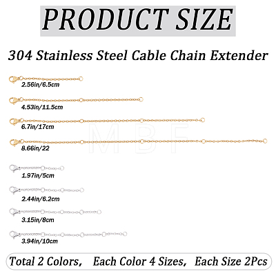 CREATCABIN 16Pcs 8 Style 304 Stainless Steel Cable Chain Extender STAS-CN0001-61-1