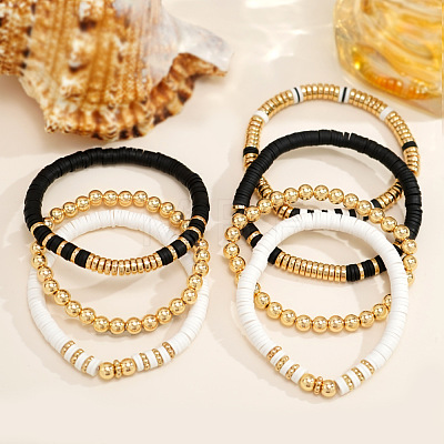 Black and white Polymer Clay Heishi Beaded Stretch Bracelet Sets LV4210-1