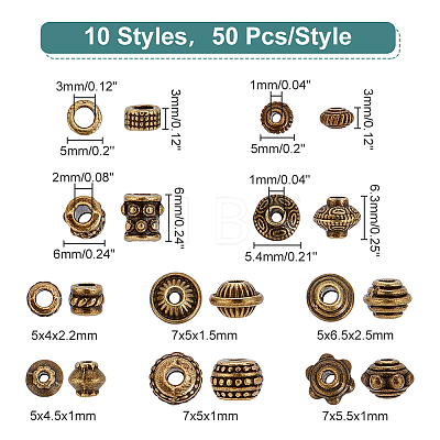   500Pcs 10 Styles Tibetan Style Alloy Spacer Beads TIBEB-PH0004-96-1