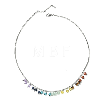 Natural & Synthetic Mixed Gemstone Round Charms Bib Necklace with 304 Stainless Steel Chains NJEW-TA00088-1