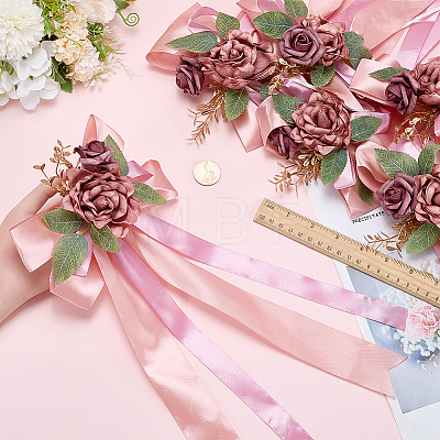PE Flower with Satin Ribbon Wedding Car Rearview Mirror AJEW-WH0596-913-1