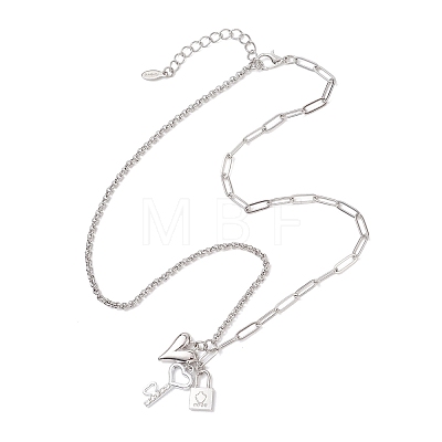 Alloy Crystal Rhinestone Heart Key Lock Pendant 304 Staniless Steel Rolo Chain Paperclip Chain Necklaces for Women NJEW-JN05620-1